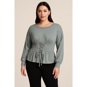 Express One Eleven Womens S Gray Lace-Up Corset Peplum Top Soft Stretch Casual